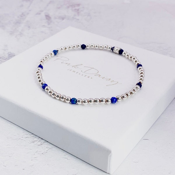 Lapis Lazuli Gemstone Stretch Bracelet, 925 Sterling Silver Boho Stacking Bracelet, Gemstone Jewellery Gift