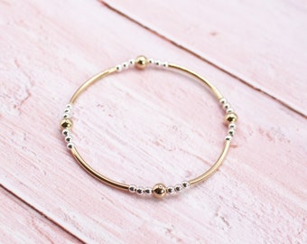 Gold and Silver Bangle, 925 Sterling Silver and 14k Gold Noodle Stretch Bangle, Jewellery Gift For Her,