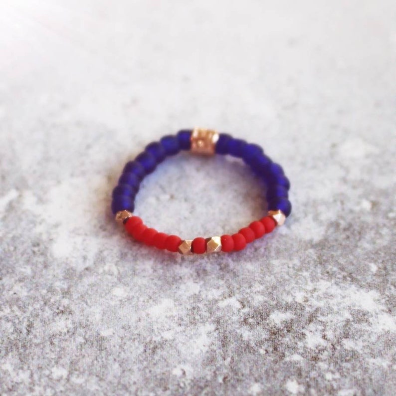 Thumb Ring Stacking Ring Rose Gold Red and Blue Bead Ring Handmade Stretch Ring Sparkle Ring, Beaded Ring