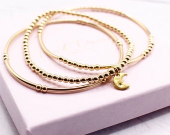 Stack of Three Noodle Stretch Bracelets, 14k Gold Filled Moon Tube Boho Stretch Bangles, Jewellery Gift For Her,