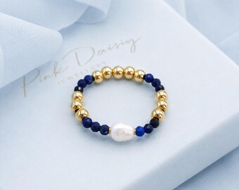 Lapis Lazuli Gemstone & Pearl Stretch Ring: 14k Gold Filled Dainty Jewellery