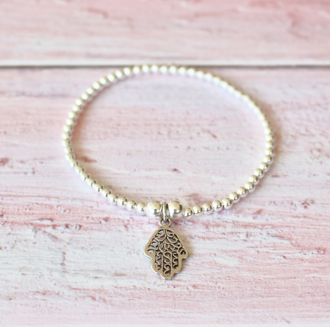 Hamsa Charm Bracelet 925 Sterling Stretch Bead Bracelet Etsy