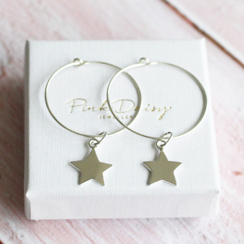 Gift for Her, Jewellery Gift 925 Sterling Silver Star Hoop Earrings Silver Earrings