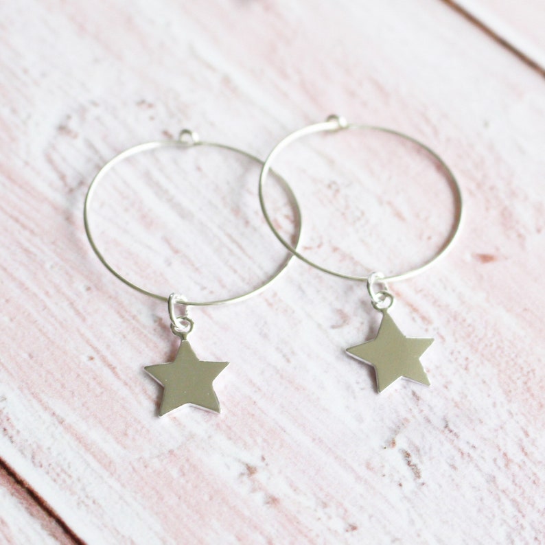 Gift for Her, Jewellery Gift 925 Sterling Silver Star Hoop Earrings Silver Earrings