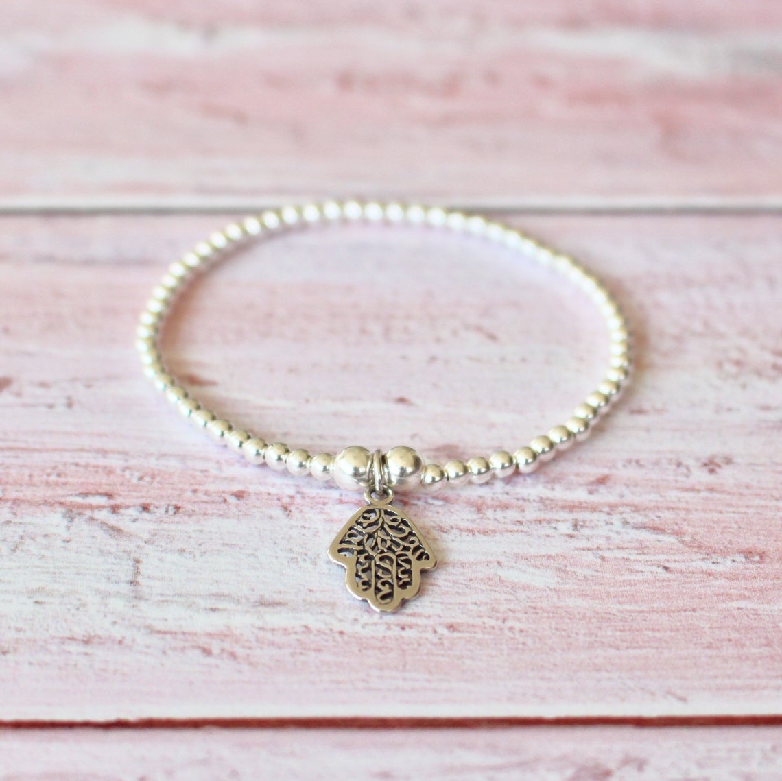 Hamsa Charm Bracelet 925 Sterling Stretch Bead Bracelet Etsy