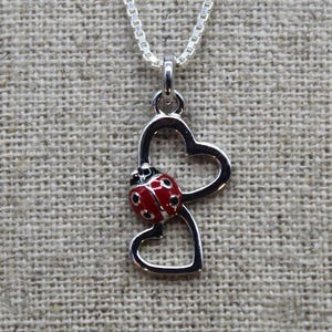 Ladybug Pendant with Heart in 925 Sterling Silver Red & Black Enamel – With or Without Chain 40/45/50 cm