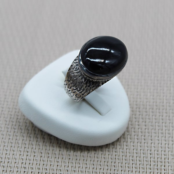 Bague Argent 925 et Onyx - Chevalier Argent massif et Pierre noire - Bijou fait main finement gravé