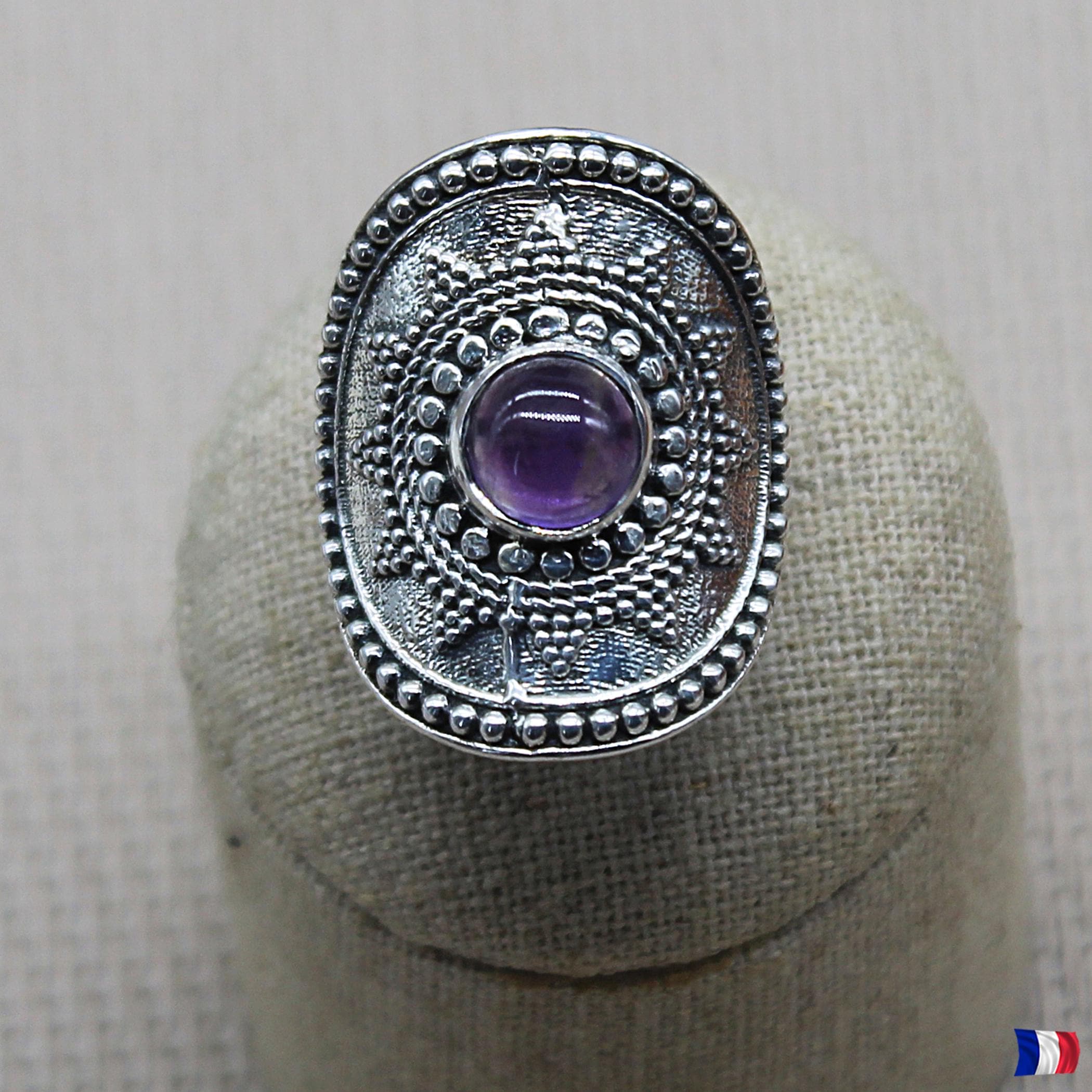Bague En Argent Massif Avec Cabochon D'améthyste - Design Ajouré - Taille 57 - Occasion