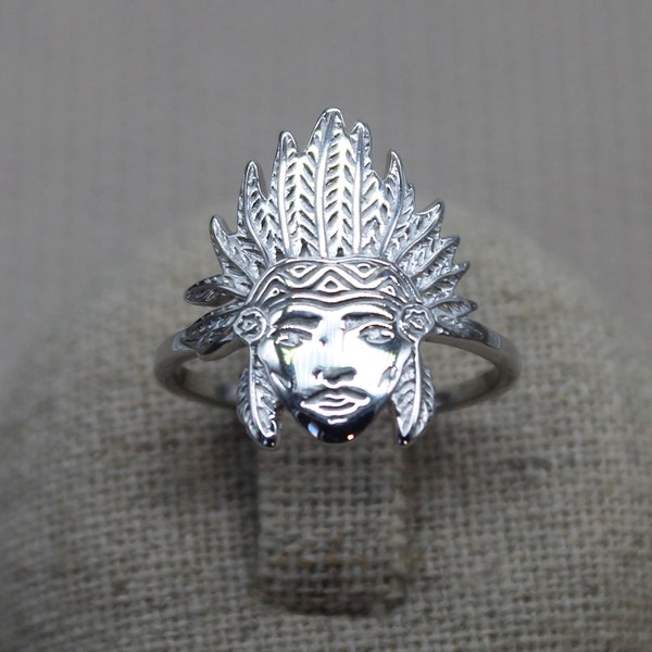 Indian Chief Ring, Silver Ring, Native American Ring, Indian Head Ring, Indian Headdress Ring, Tribal Ring, Thin Ring, Aesthetic Jewelry