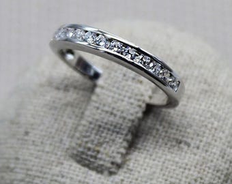 Rhodium Plated 12 CZ Zirconium Band. Fine 925 Silver Ring. Women's Elegant Jewelry