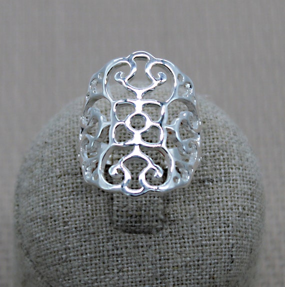 Bague Filigrane Argent 925 Ajourée | Anneau Dentelle Large | Bijou Fait Main Rhodié Femme | Style Bohème Moderne