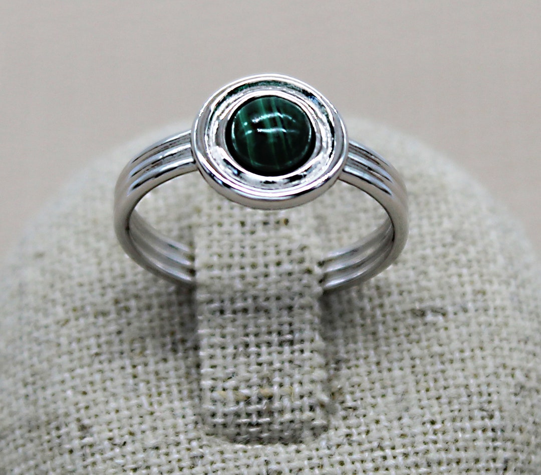 Bague Argent 925 Avec Malachite - Taille 57, Pierre Verte Ovale, Occasion Comme Neuve