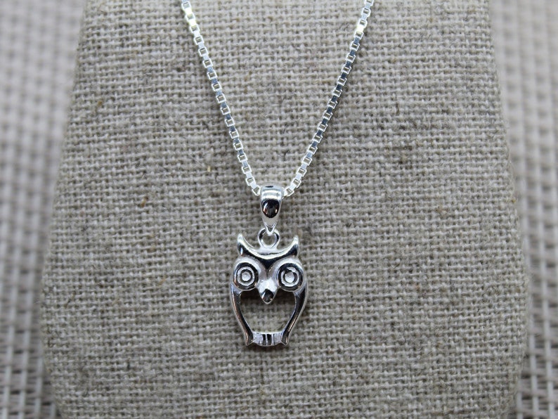 May include: A silver chain necklace with an owl pendant. The owl is detailed with round eyes and a beak.