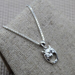 May include: A silver chain necklace with an owl pendant. The owl is detailed with eyes and a beak.