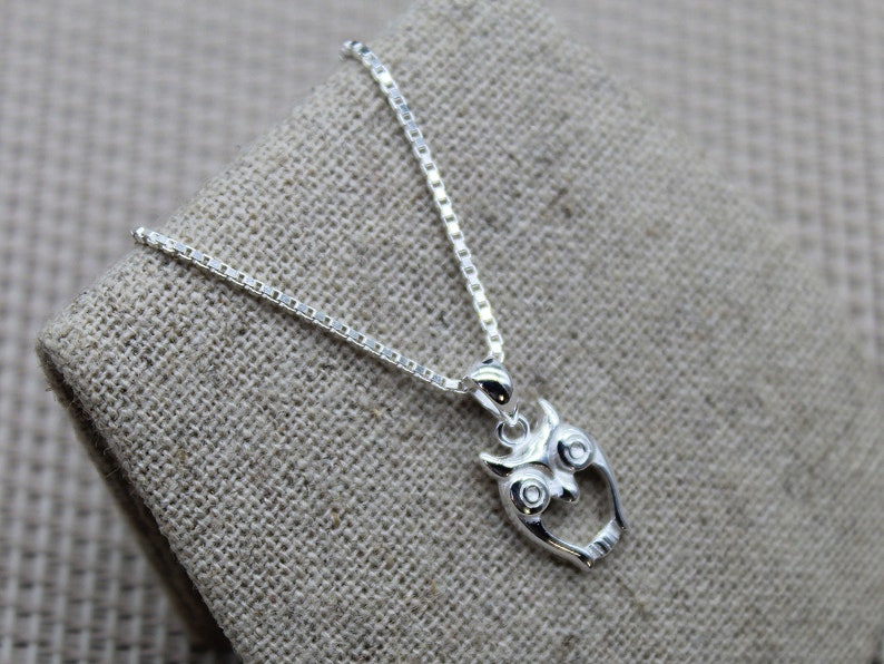 May include: A silver chain necklace with an owl pendant. The owl is detailed with eyes and a beak.