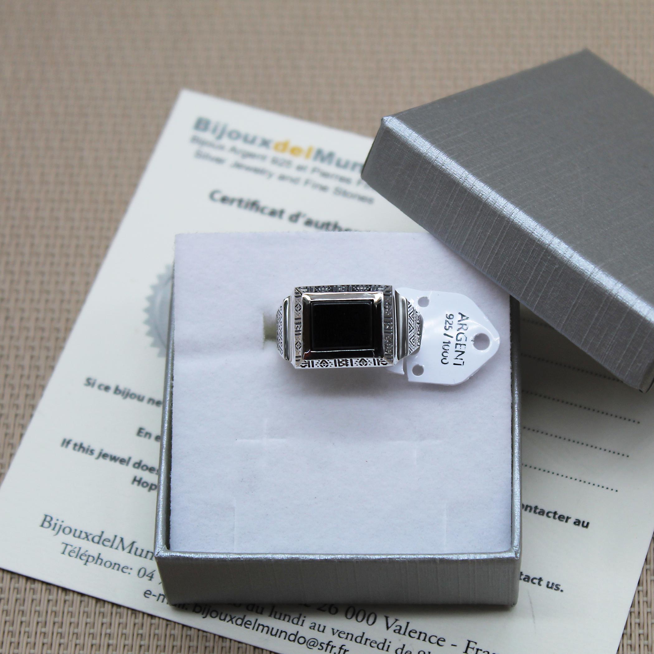 Bague Unisexe Argent 925 Avec Onyx/agate Noire 10x12 Mm - Tailles 58 à 64 Style Art Déco