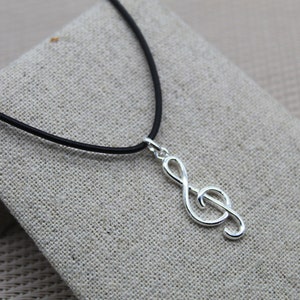 Cordon en Cuir Noir, Collier Pendentif, Pendentif Clef de Sol, Cordon de Collier, Pendentif en Argent 925, Pendentif Note de Musique image 4