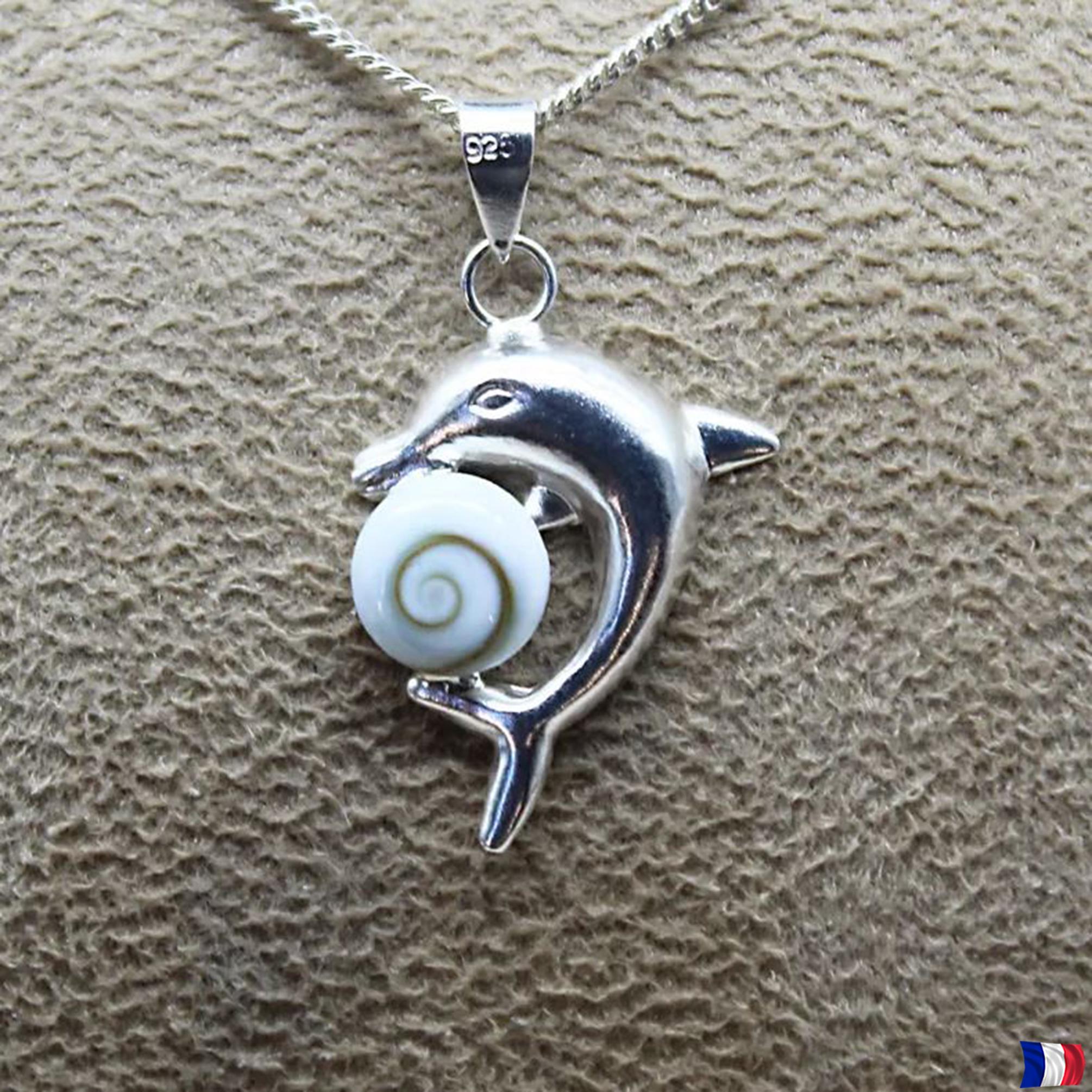 Pendentif Dauphin En Nacre – Chaine Métal – Vintage Fantaisie – Bon état