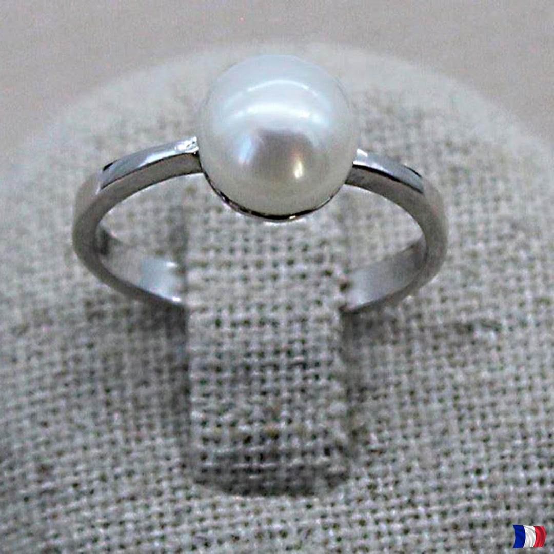 Bague Argent 925 Rhodié Avec Perle Blanche - Taille 51 - Fabrication Française