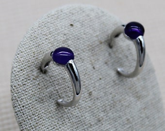 Purple Earrings, Genuine Amethyst, Half Circle Earrings, Cabochon Earrings, Silver Earrings, Zodiac Earrings, February Earrings