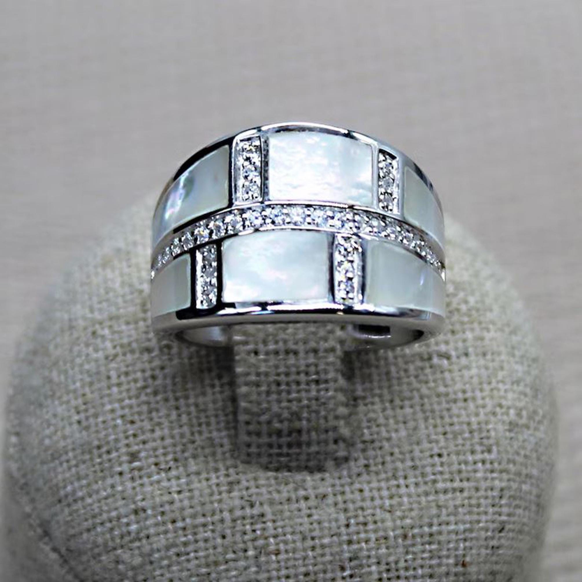 Bague Large En Argent 925 Avec Nacre Et Zircons - Style Art Déco - Taille 52 à 62