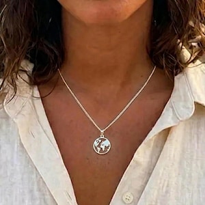 Silver Earth Necklace 925. World Globe Pendant. Optional Curb Chain 15-24".