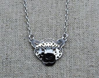 Leopard Necklace, Panther Necklace, Mixed Necklace, Sterling Silver Necklace, Wild Animal Necklace, Big Cat Head Necklace, Filigree Necklace