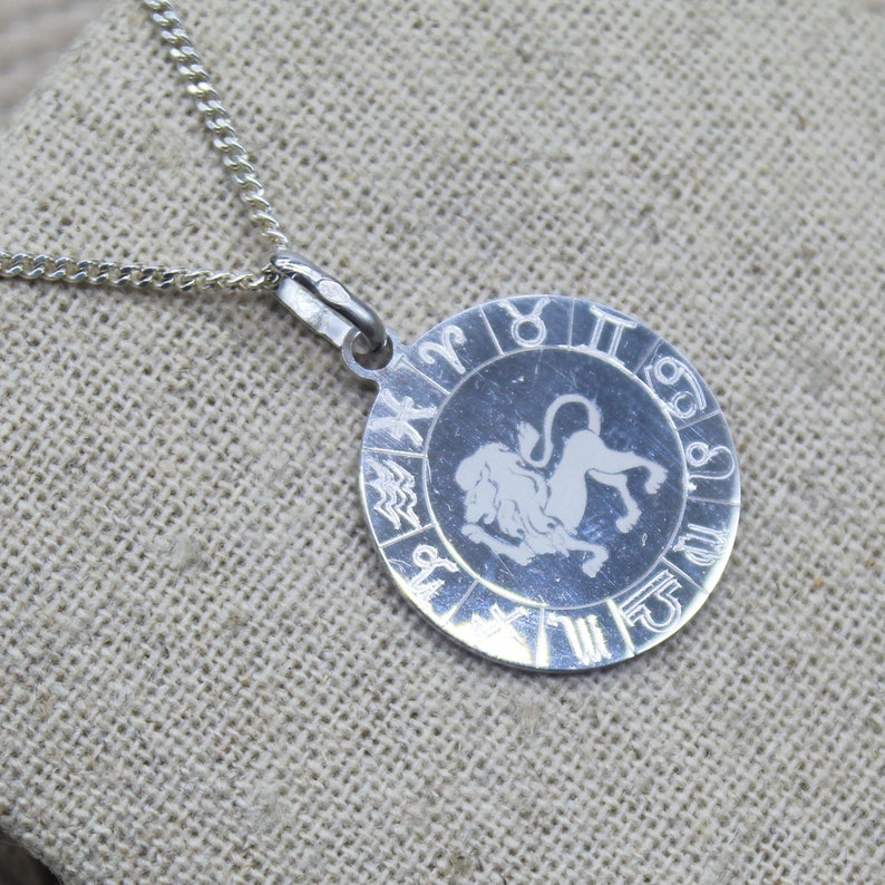 Pendant, solid silver medal sign of the Zodiac of Leo, astrological necklace diamond engraving, Baptism, Astrology jewelry image 4