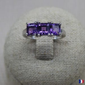 925 sterling silver ring with 3 square purple amethysts – women jewelry
