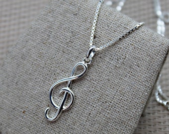 Pendentif Clef de Sol, Pendentif Note de Musique, Pendentif Argent 925, Collier Chaîne, Collier Argent Sterling, Pendentif Clef Symbole