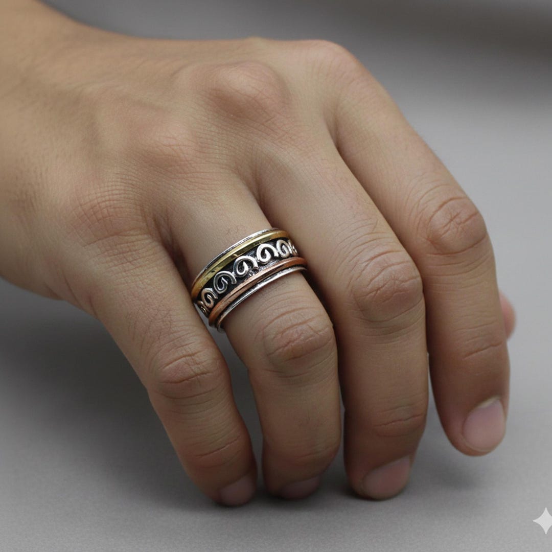 Sterling Silver 925 Ring – Unisex Band With Copper & Brass Design 