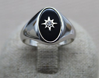 Bague en Agate Noire, Bague en Argent Rhodié, Bague pour Homme, Bague de Garçons d'Honneur, Chevalière en Pierre, Bijoux en Agate Noire