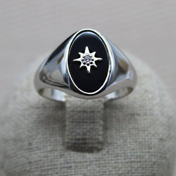 Bague en Agate Noire, Bague en Argent Rhodié, Bague pour Homme, Bague de Garçons d'Honneur, Chevalière en Pierre, Bijoux en Agate Noire