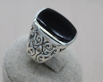 925 Silver and Onyx Signet Ring, imposing handmade jewel, one size in 57