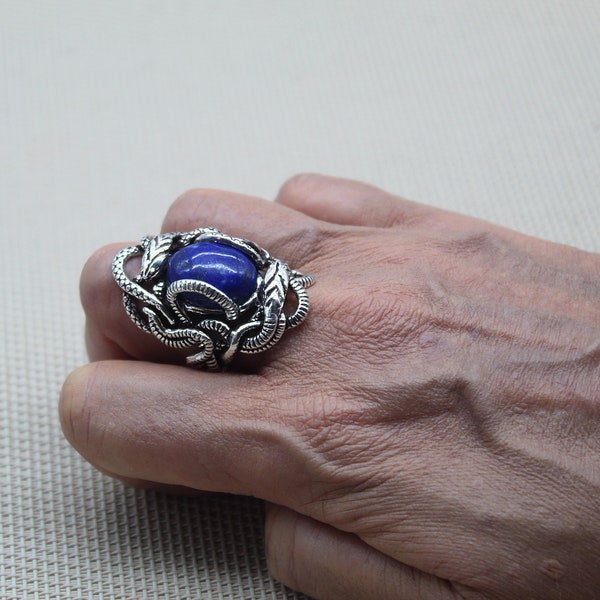 Bague Lapis Lazuli argent massif, modèle unique fait main, monture finement gravée fait main, bijou pour elle.