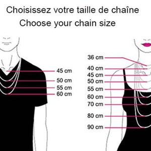 May include: Diagram showing different chain lengths in centimeters for necklaces. The lengths range from 36 cm to 90 cm.  Choose your chain size.
