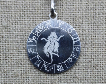 Anhänger, massives Silbermedaillenzeichen des Tierkreises Jungfrau, astrologische Halskette mit Diamantgravur, Taufe, Astrologieschmuck