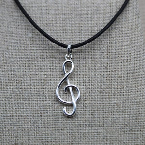 Cordon en Cuir Noir, Collier Pendentif, Pendentif Clef de Sol, Cordon de Collier, Pendentif en Argent 925, Pendentif Note de Musique image 1