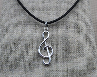 Cordon en Cuir Noir, Collier Pendentif, Pendentif Clef de Sol, Cordon de Collier, Pendentif en Argent 925, Pendentif Note de Musique