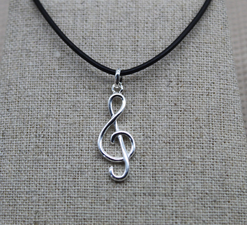 Cordon en Cuir Noir, Collier Pendentif, Pendentif Clef de Sol, Cordon de Collier, Pendentif en Argent 925, Pendentif Note de Musique image 1