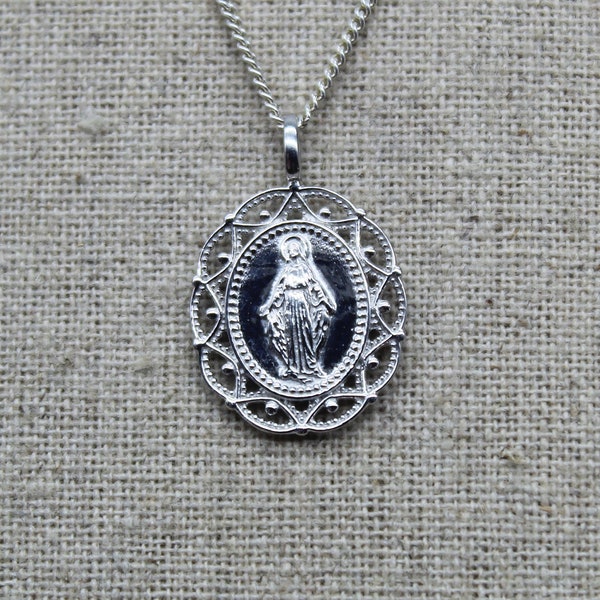 Pendentif Argent 925 Vierge Marie, médaille miraculeuse, bijou fait main Femme ou Homme, pendentif gravé des deux cotés.