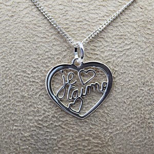 I love you heart pendant, 925 silver gift for her available with or without silver curb chain, love jewelry.
