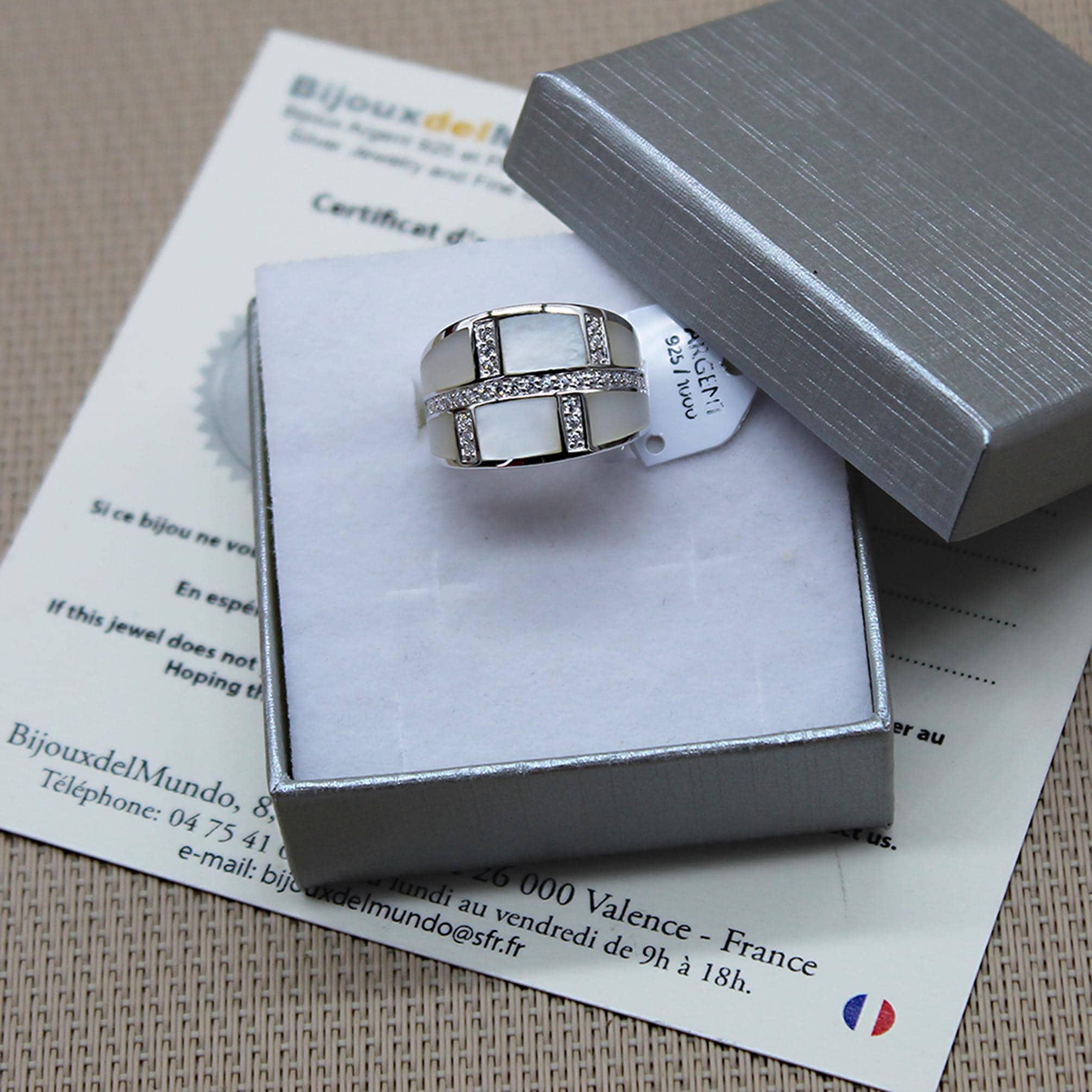 Bague Large En Argent 925 Et Nacre - Style Art Déco - Taille Réglable 52 à 62 - Fabriqué En France