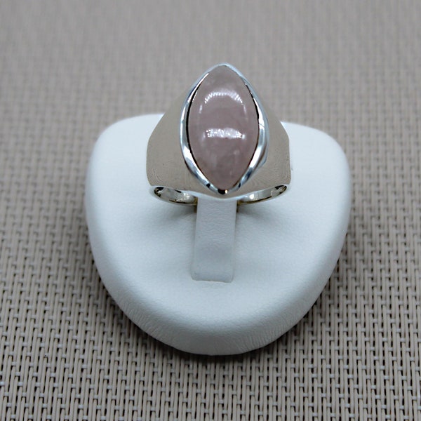 Bague Quartz Rose en Argent massif, Chevalière Femme, Chevalière en Pierre, Bague Rose, Bague Marquise, Bijoux Quartz Rose