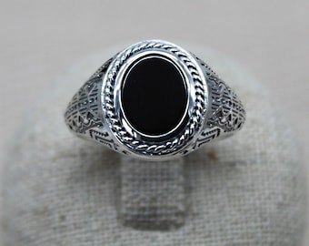 Bague Argent 925 Agate noire, Onyx, Chevalière pour Femme ou homme, bijou fait main finement gravé.