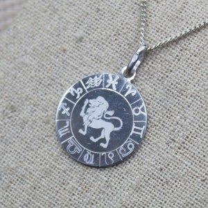 Pendant, solid silver medal sign of the Zodiac of Leo, astrological necklace diamond engraving, Baptism, Astrology jewelry image 3