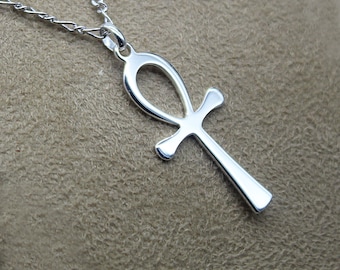 Ägyptischer Ankh-Anhänger aus 925er Silber, Halskette mit ägyptischem Ankh-Kreuz, Figaro-Maschenkette aus 925er Silber, Größen von 40 bis 55 Zentimetern