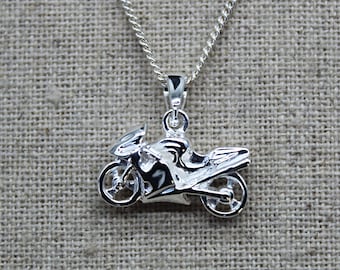 Pendentif Moto, en Argent 925, Collier de Moto, Collier en Argent sterling motard Femme ou Homme, avec ou sans chaîne argent massif.