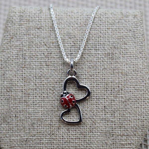 Pendentif Coccinelle en Argent, Pendentif Double Coeur, Pendentif en Email, Collier Romantique, Chaîne de Collier, Collier Porte Bonheur