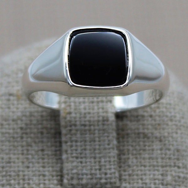 Bague Onyx Argent Sterling, Bague Hipster, Bague Pinky, Bague Gemme Carrée Noire, Bague pour la Vie, Chevalière Unisexe, Cadeau du Zodiaque